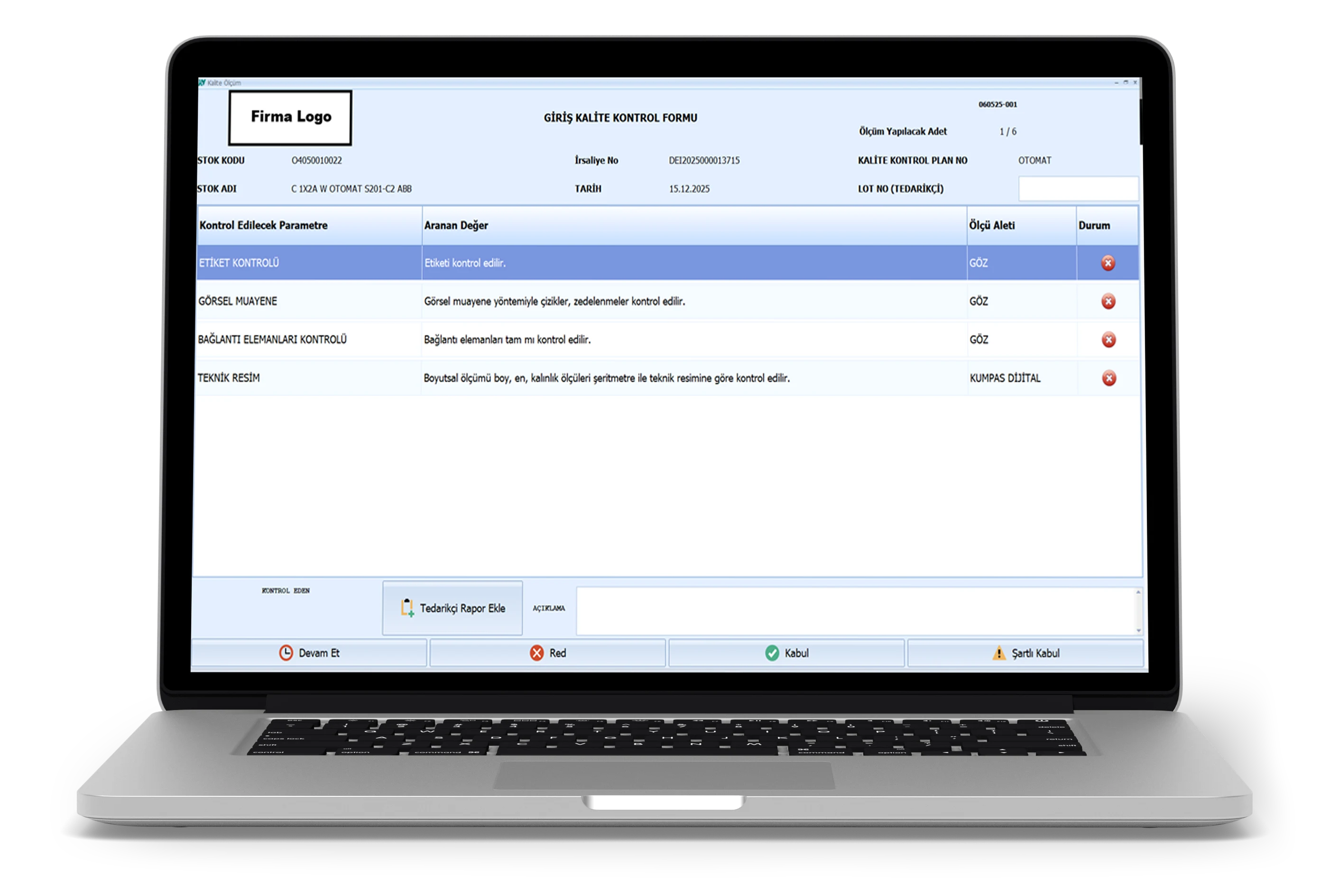 Kalite Kontrol Ölçüm Ekranı